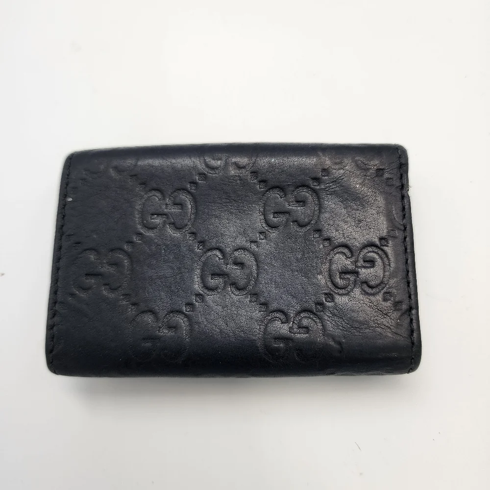 GUCCI Navy Monogram Leather Card/Key Wallet w/Silver Interlocking GG Logo Plate